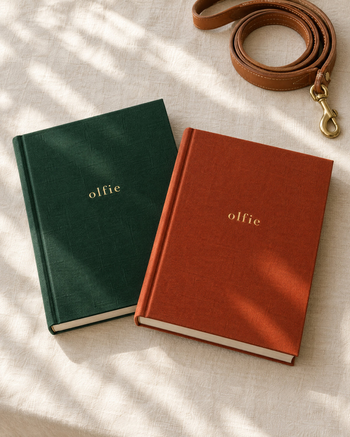 The Olfie Book in forest green and terracotta cloth, side by side