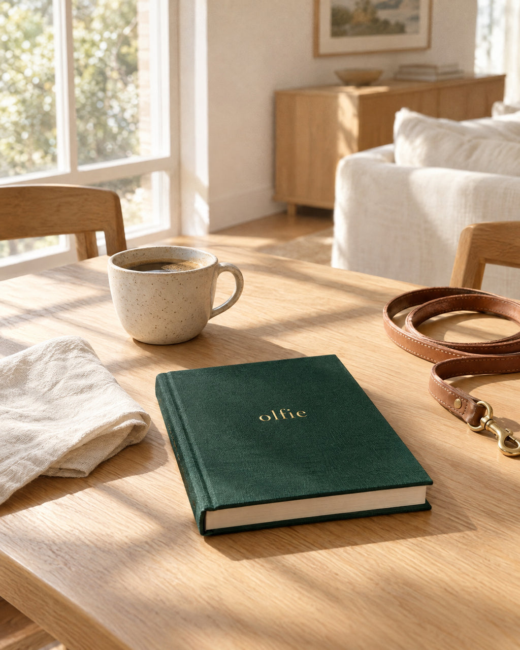 The Olfie Book in forest green on a kitchen table at home