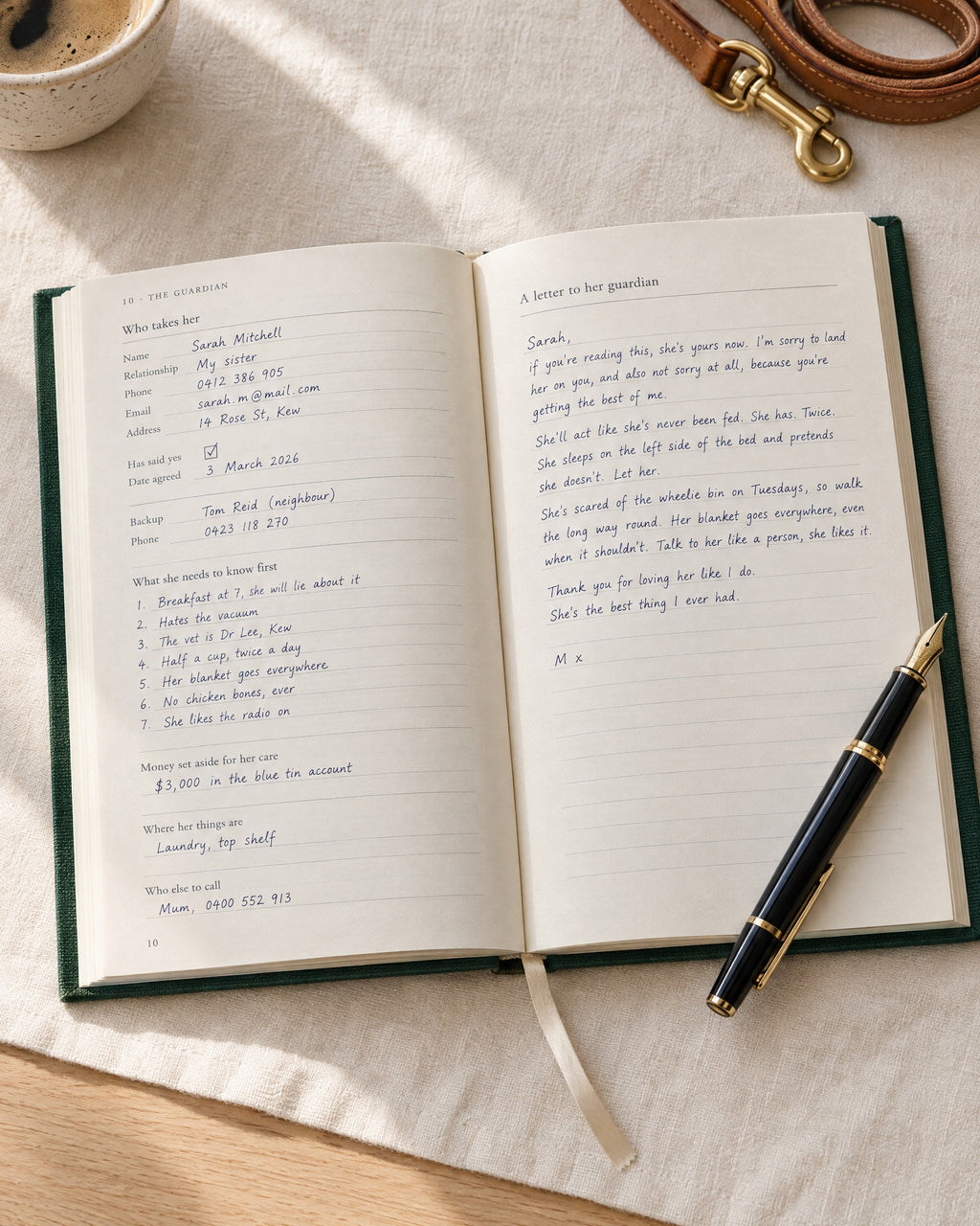 The Olfie Book open at the guardian section: who takes her, and a handwritten letter to her guardian