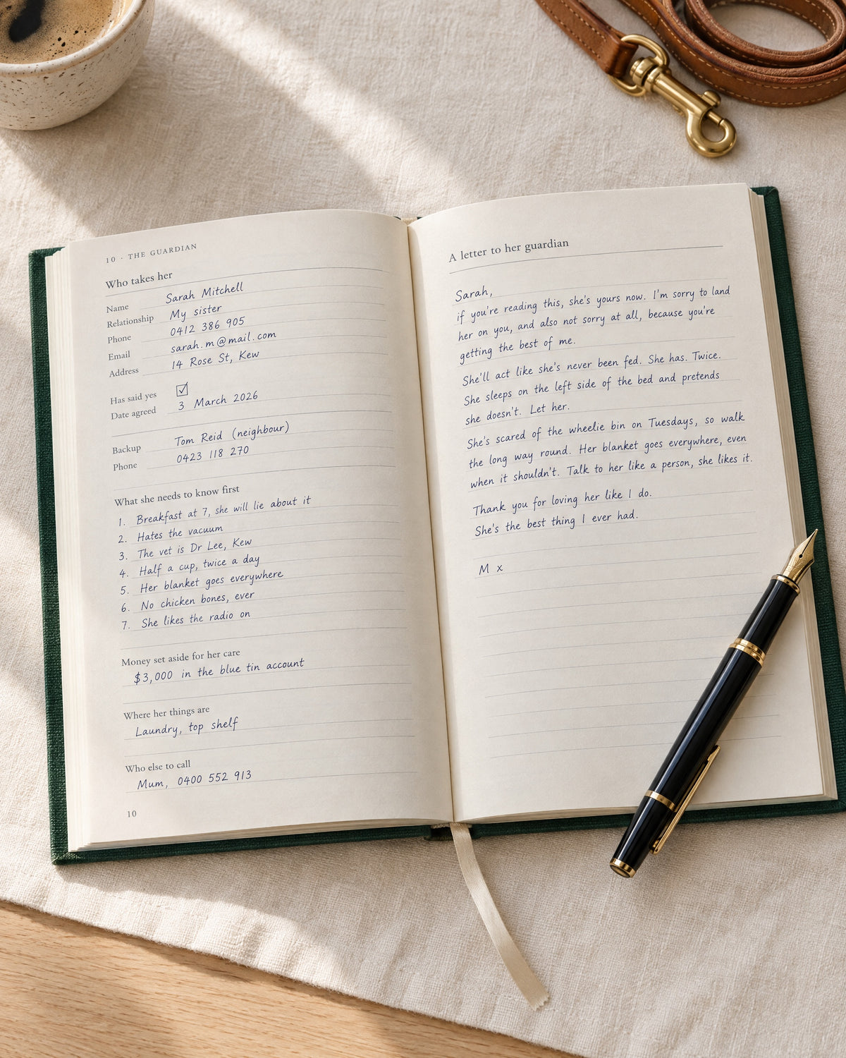 The Olfie Book open at the guardian section: who takes her, and a handwritten letter to her guardian