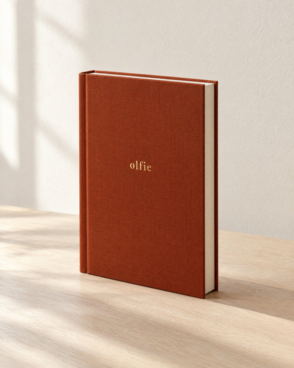 The Olfie Book in terracotta cloth with a gold foil wordmark