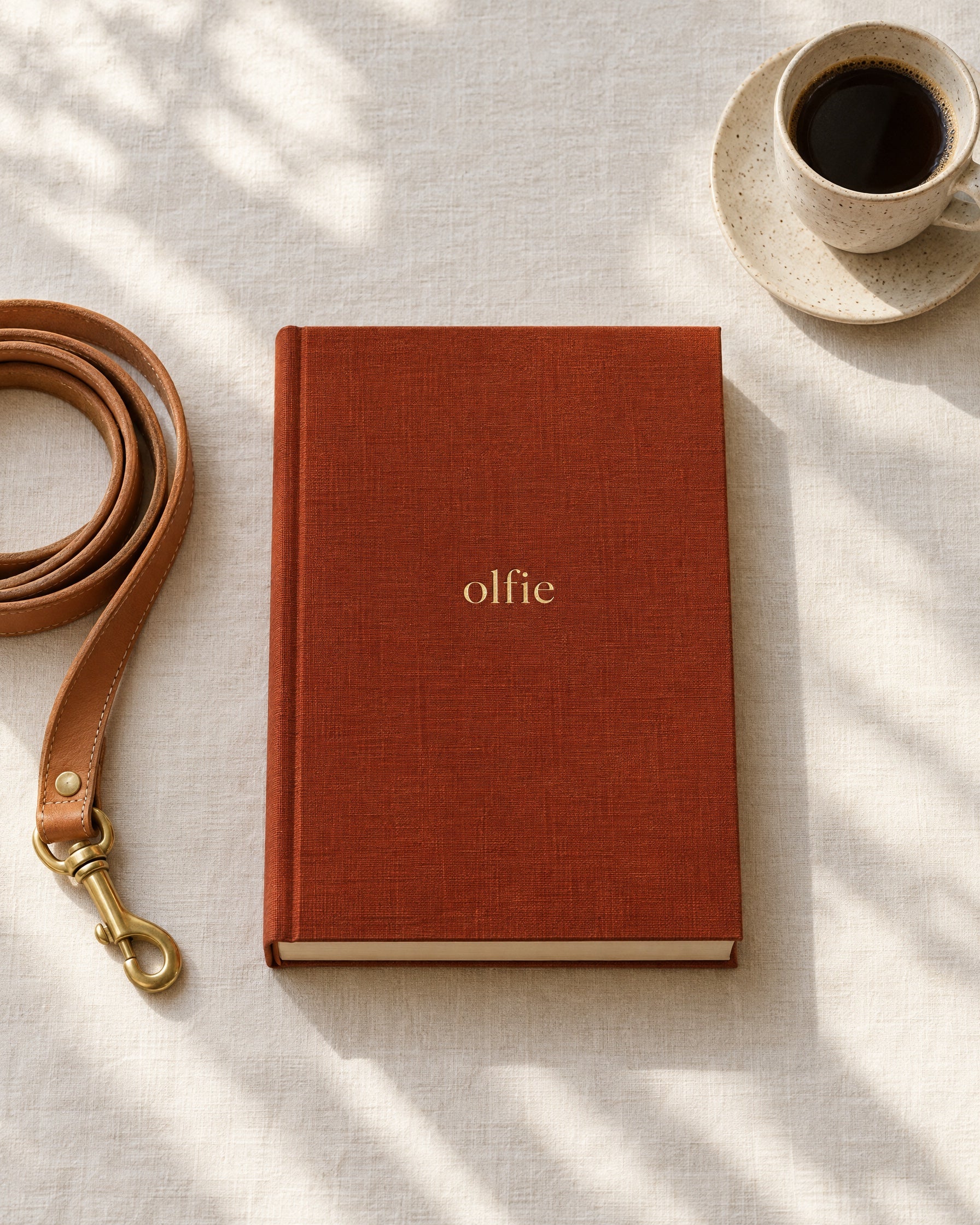 The Olfie Book in terracotta, flat on linen beside a lead and a coffee