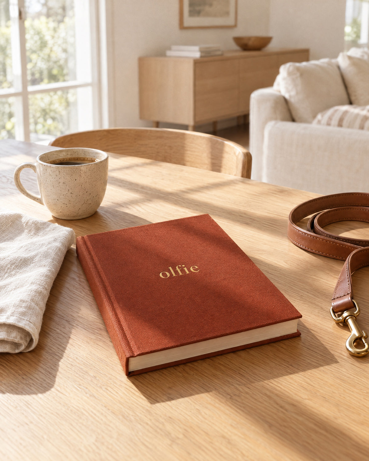 The Olfie Book in terracotta on a kitchen table at home