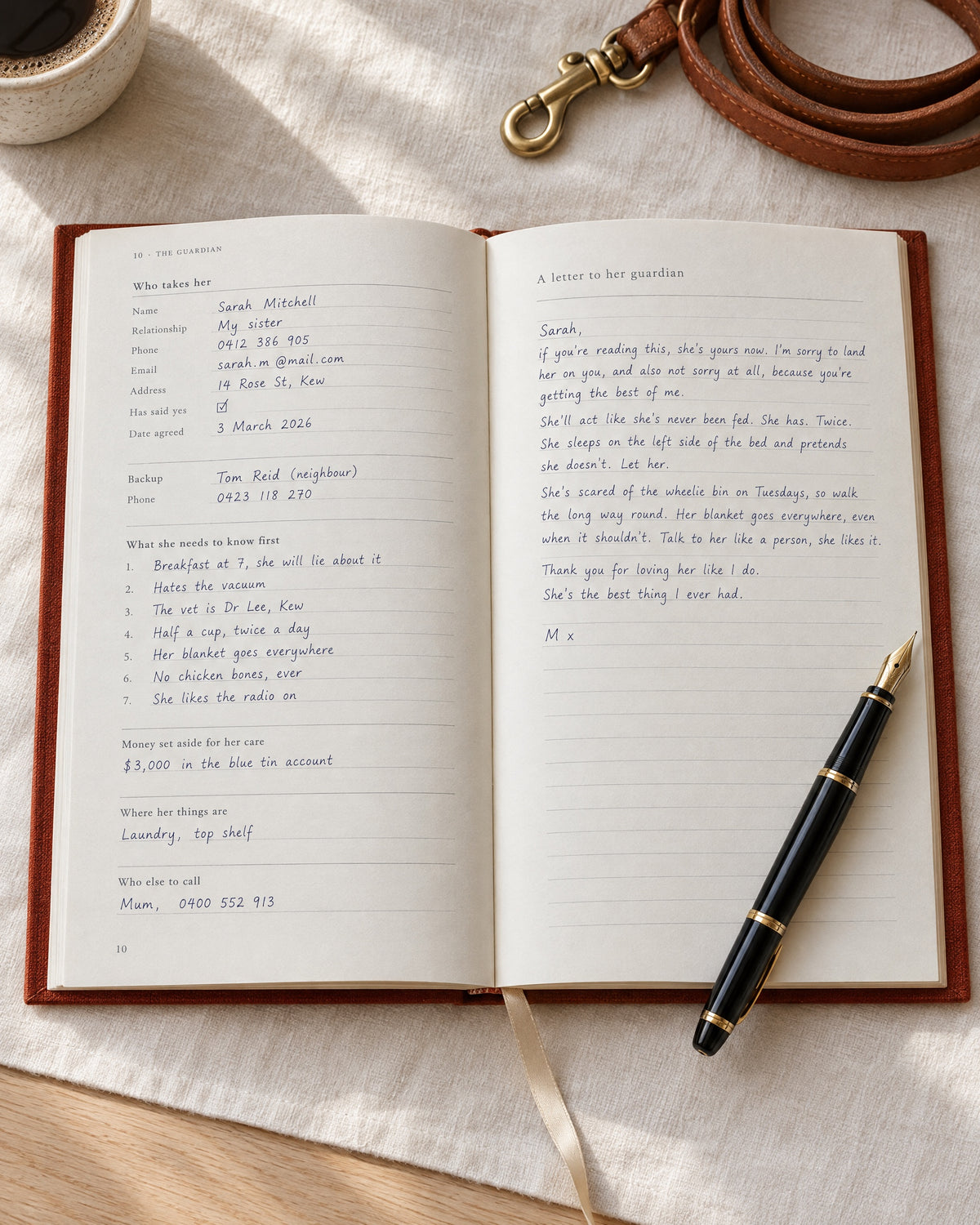 The Olfie Book open at the guardian section: who takes her, and a handwritten letter to her guardian