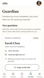 The Olfie app guardian screen: her primary guardian, their details and an invite link