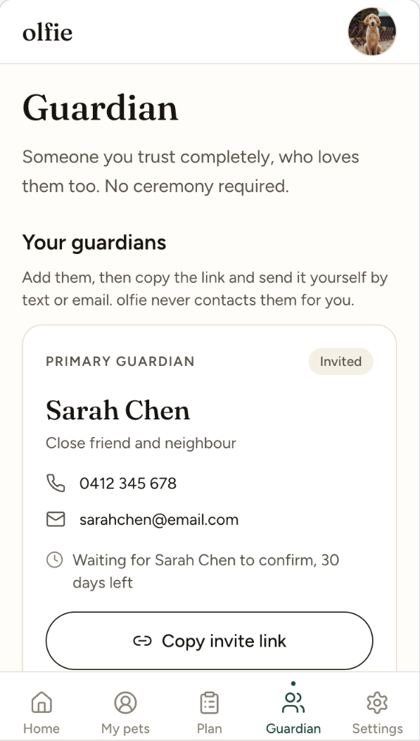 The Olfie app guardian screen: her primary guardian, their details and an invite link
