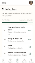 The Olfie app plan screen: her care plan in numbered sections