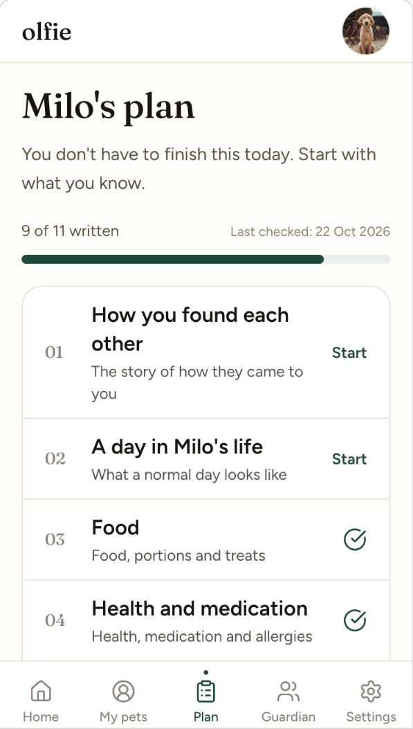 The Olfie app plan screen: her care plan in numbered sections