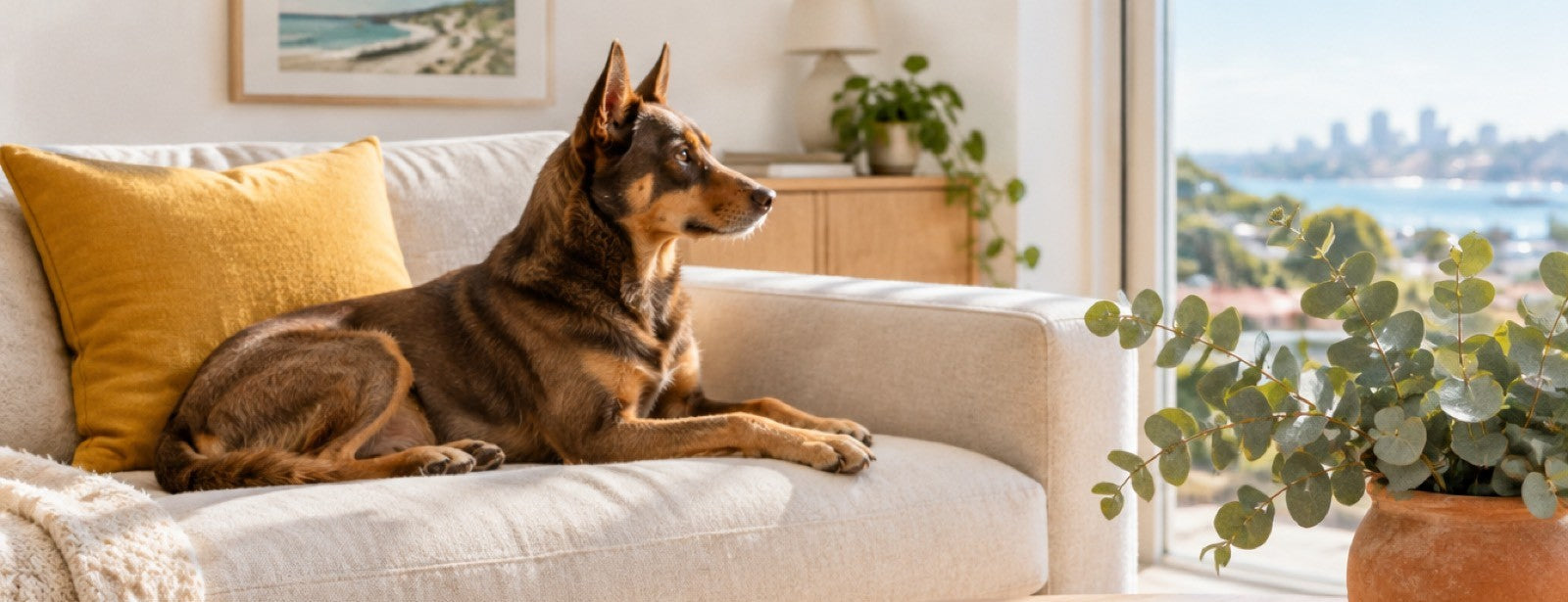 A kelpie resting on a cream linen sofa in a sunlit room